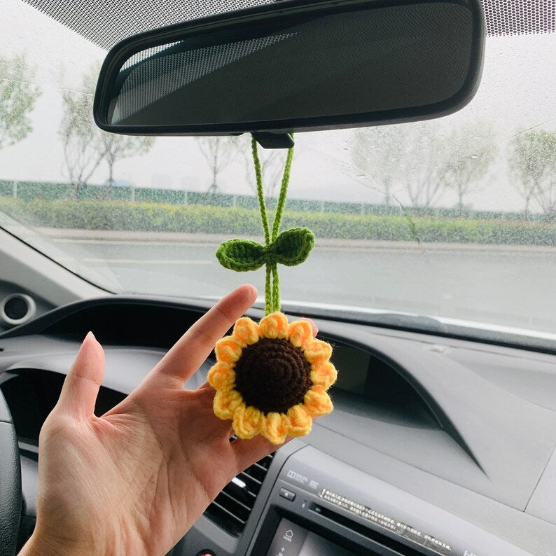 Crochet sunflower Car Mirror Hanging Accessories for Women Teens Interior Rear View Mirror Flower Charm Decor