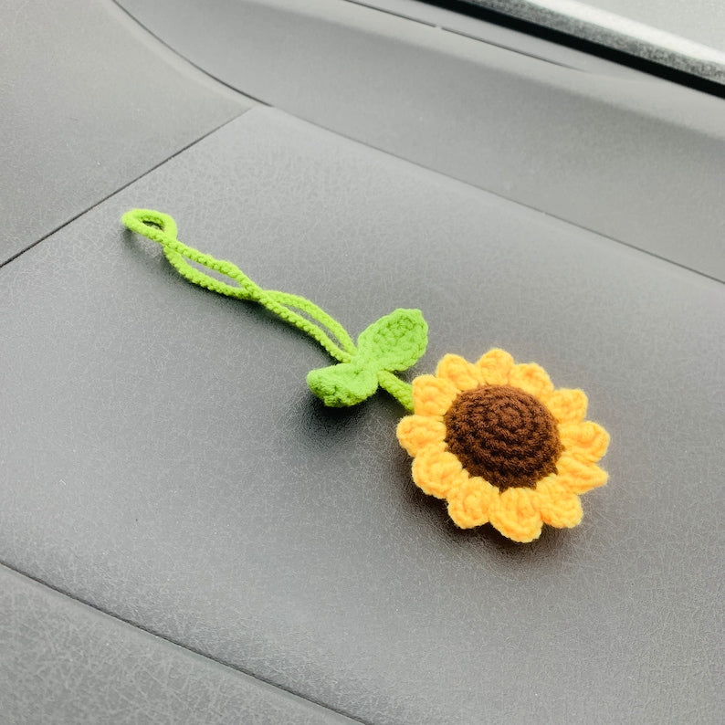 Crochet sunflower Car Mirror Hanging Accessories for Women Teens Interior Rear View Mirror Flower Charm Decor