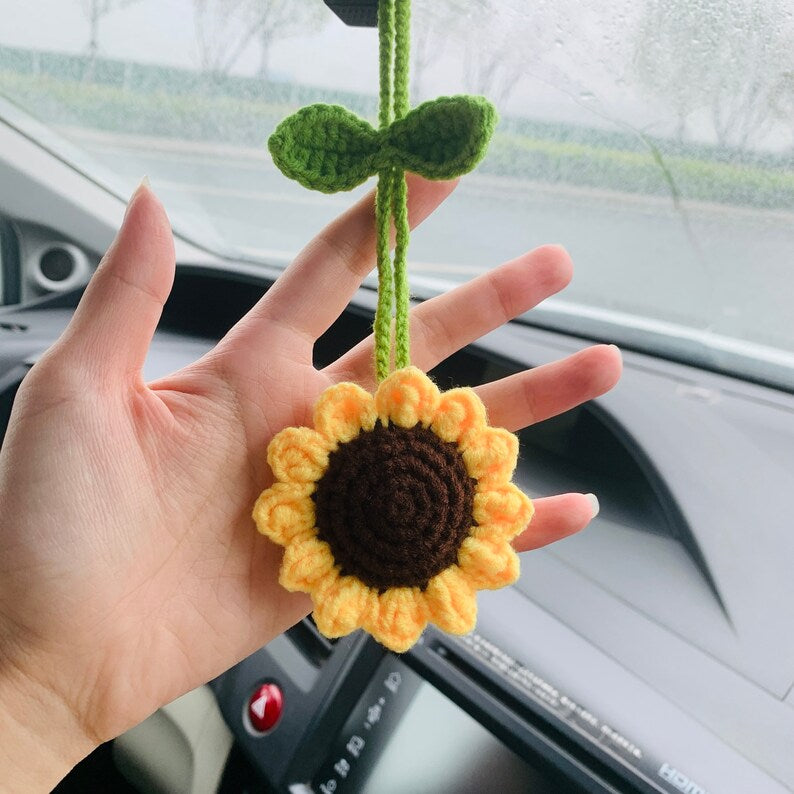 Crochet sunflower Car Mirror Hanging Accessories for Women Teens Interior Rear View Mirror Flower Charm Decor