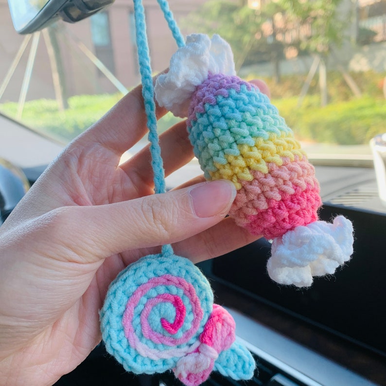 Cute Car Accessories Mirror Hanging rainbow Lollipop candy Flower sweety Charm Fruit Decor Teens Interior Rear View Mirror for Women
