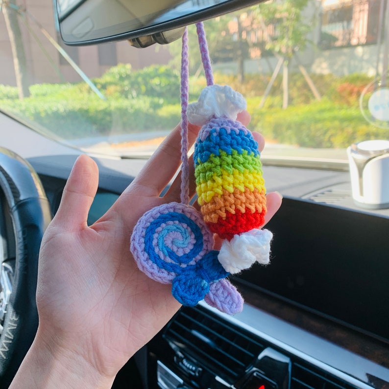 Cute Car Accessories Mirror Hanging rainbow Lollipop candy Flower sweety Charm Fruit Decor Teens Interior Rear View Mirror for Women
