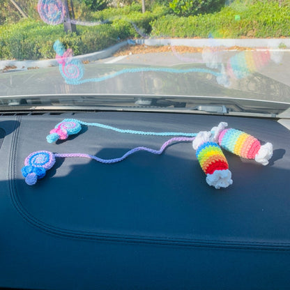 Cute Car Accessories Mirror Hanging rainbow Lollipop candy Flower sweety Charm Fruit Decor Teens Interior Rear View Mirror for Women