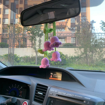 Cute Car Mirror Hanging Campanula Interior Rear View Mirror Flower Car Accessories Crochet Toy for Women