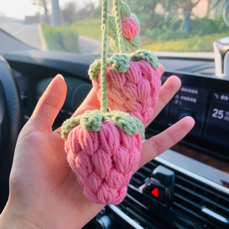 Cute Strawberry kawaii Flower Car Mirror Hanging Charm Fruit Decor Teens Interior Rear View Mirror car Accessories for Women
