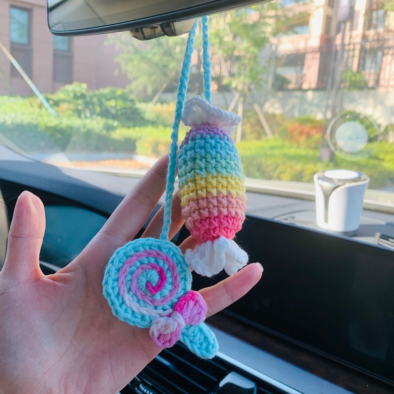 Cute Car Accessories Mirror Hanging rainbow Lollipop candy Flower sweety Charm Fruit Decor Teens Interior Rear View Mirror for Women