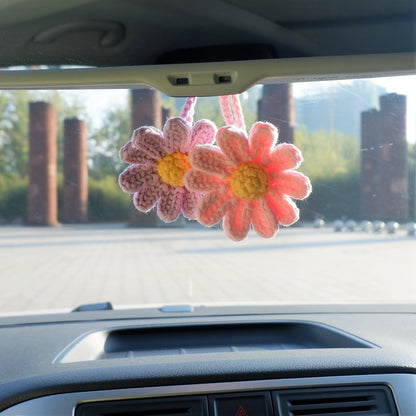 2Pcs Crochet Daisy Car Mirror Hanging Accessory, Boho Rear View Mirror Charm, Girly Car Interior Accessories for Women