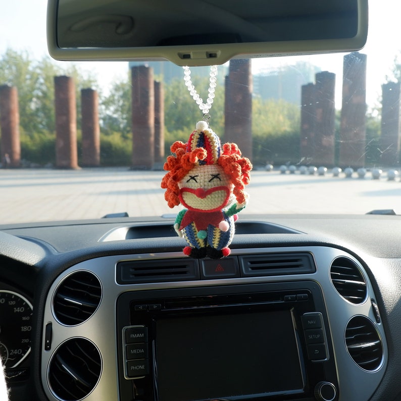 Crochet Carnival Clown Car Mirror Hanging, Halloween Car Rearview Ornament, Cute Car Hanging Accessories, Car Rear View Mirror Accessories
