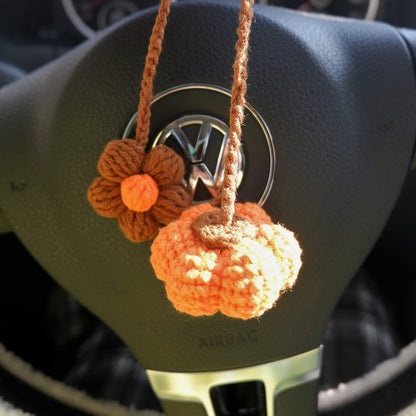 Crochet Pumpkin & Daisy Car Mirror Hanging, Cute Boho Fall Rearview Hanging Ornament