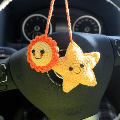 Crochet Smiley Face Sunflower & Star Car Mirror hanging Accessory, Cute Rear View Mirror Car Charms, Anime Interior Car Accessory for Women