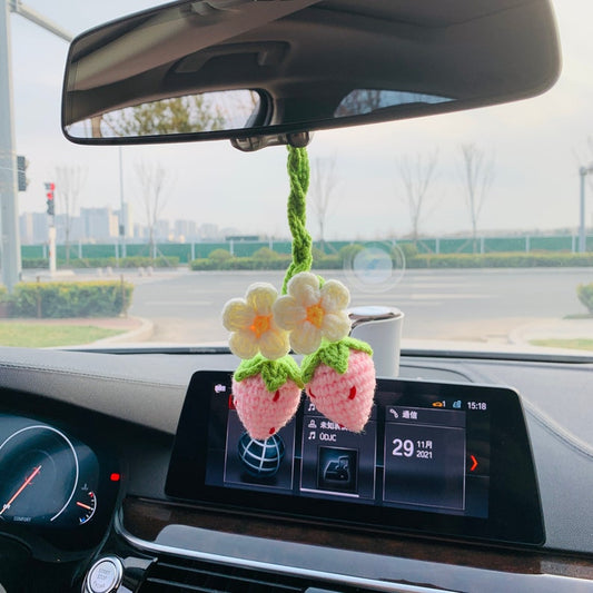 2 Pcs Strawberry cute Flower Car Accessories decor Teens Interior Rear View Mirror Hanging Charm Fruit Decoration for Women gift for her
