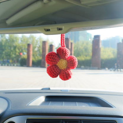 2Pcs Crochet Waffle Flower Car Mirror Hanging Charms, Handmade Interior Car Accessories for Women/Teens