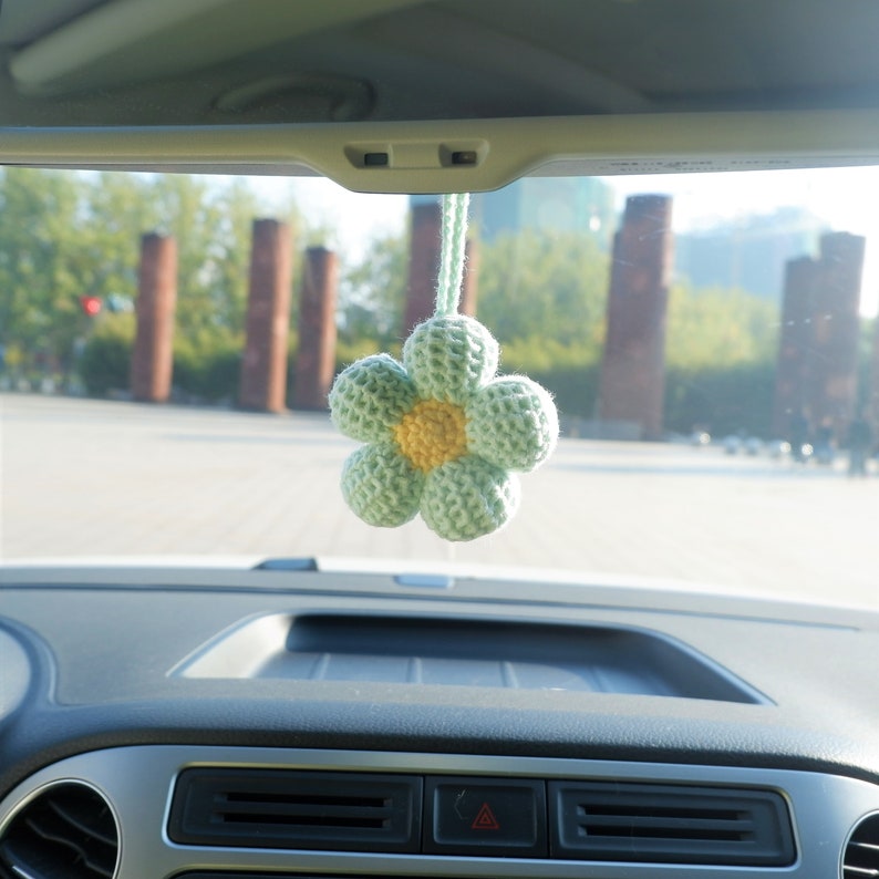 2Pcs Crochet Waffle Flower Car Mirror Hanging Charms, Handmade Interior Car Accessories for Women/Teens