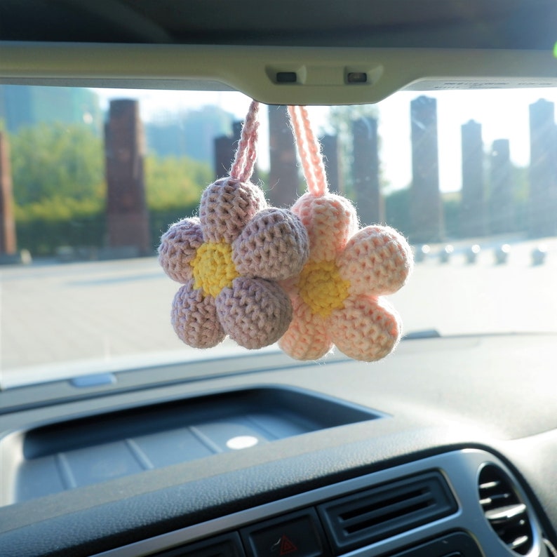 2Pcs Crochet Waffle Flower Car Mirror Hanging Charms, Handmade Interior Car Accessories for Women/Teens