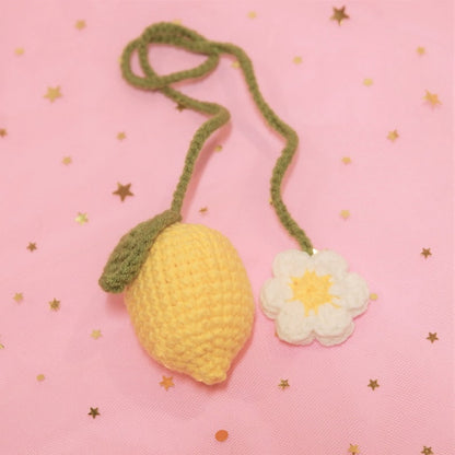 Crochet Lemon and Daisy Car Mirror Charm, Rear View Hanging Ornament, Yellow Fruit Car Interior Decor