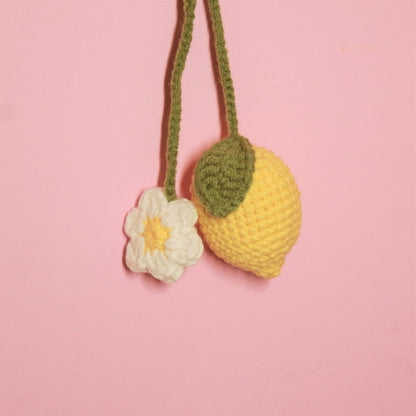 Crochet Lemon and Daisy Car Mirror Charm, Rear View Hanging Ornament, Yellow Fruit Car Interior Decor