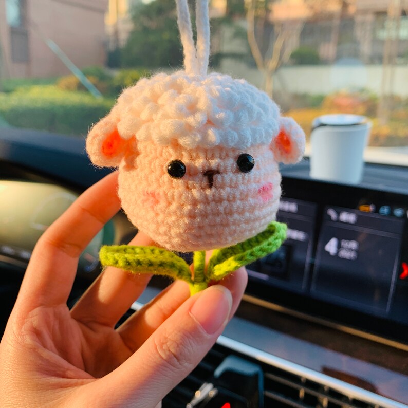 Cute animal Car Mirror Hanging Interior Rear View Mirror Flower Lion, sheep, chicken Car Accessories Crochet Toy for Women