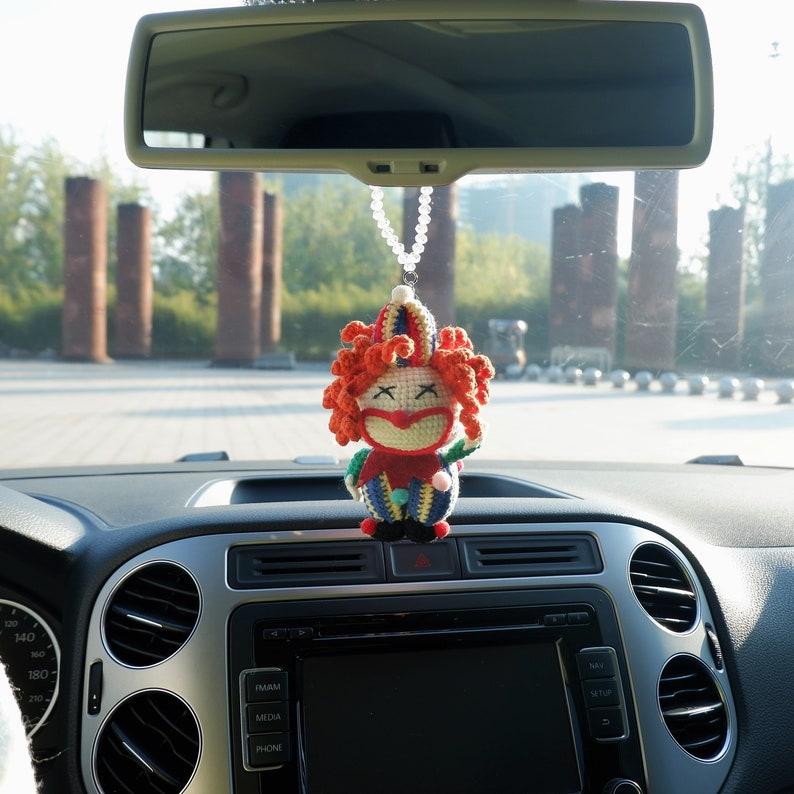 Crochet Carnival Clown Car Mirror Hanging, Halloween Car Rearview Ornament, Cute Car Hanging Accessories, Car Rear View Mirror Accessories