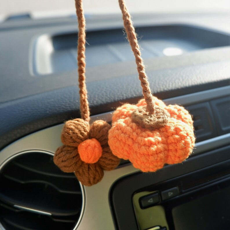 Crochet Pumpkin & Daisy Car Mirror Hanging, Cute Boho Fall Rearview Hanging Ornament
