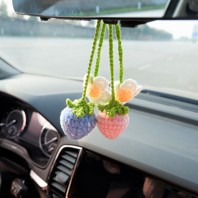 2 Pcs Crochet Strawberry Car Mirror Hanging Accessories: Chenille Rearview Mirror Car Accessories, Car Charm, Car Interior Decor