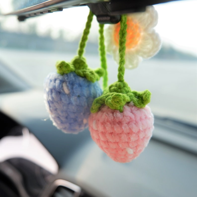 2 Pcs Crochet Strawberry Car Mirror Hanging Accessories: Chenille Rearview Mirror Car Accessories, Car Charm, Car Interior Decor