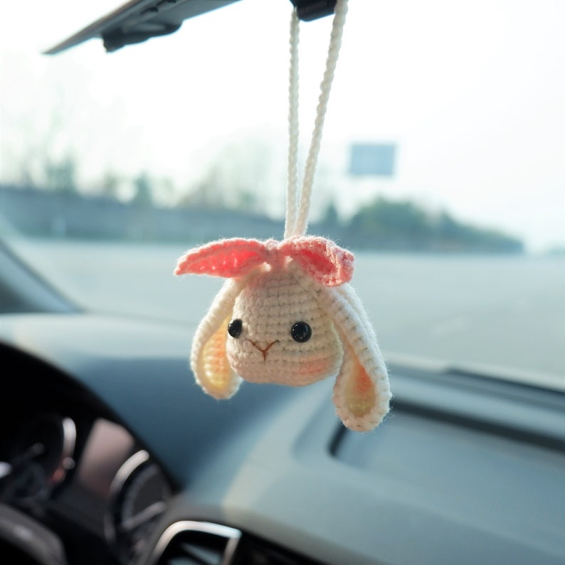 Crochet Bunny Car Accessories: Kawaii Lop Rear Rabbit Rear View Mirror Hanging, Easter Decor, Cute Car Ornament