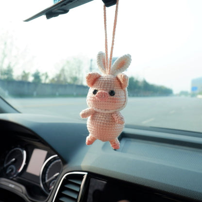 Crochet Pig Car Mirror Hanging Accessories, Piggy with Bunny Ears Rear View Mirror Accessory, Cute Car Interior Accessory for Women/Teens