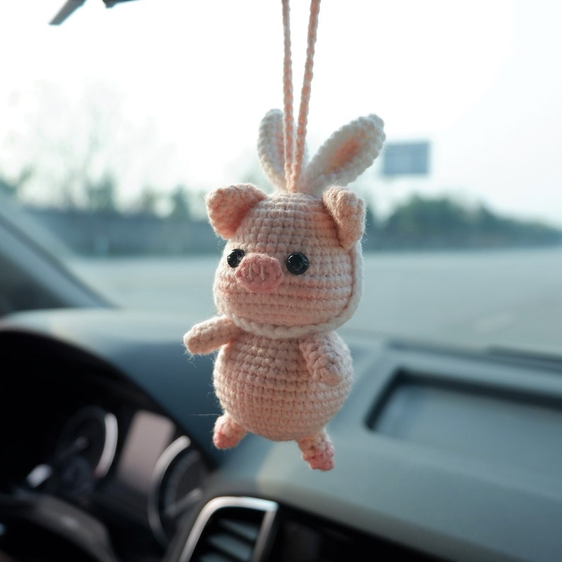 Crochet Pig Car Mirror Hanging Accessories, Piggy with Bunny Ears Rear View Mirror Accessory, Cute Car Interior Accessory for Women/Teens