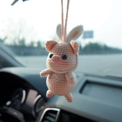 Crochet Pig Car Mirror Hanging Accessories, Piggy with Bunny Ears Rear View Mirror Accessory, Cute Car Interior Accessory for Women/Teens