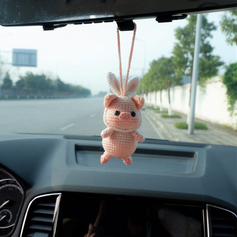 Crochet Pig Car Mirror Hanging Accessories, Piggy with Bunny Ears Rear View Mirror Accessory, Cute Car Interior Accessory for Women/Teens