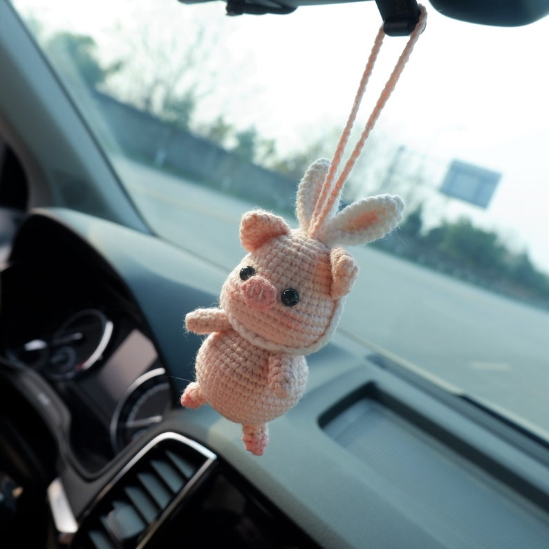 Crochet Pig Car Mirror Hanging Accessories, Piggy with Bunny Ears Rear View Mirror Accessory, Cute Car Interior Accessory for Women/Teens