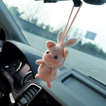 Crochet Pig Car Mirror Hanging Accessories, Piggy with Bunny Ears Rear View Mirror Accessory, Cute Car Interior Accessory for Women/Teens