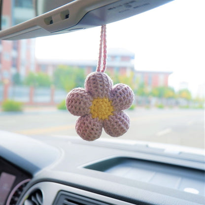 2Pcs Crochet Waffle Flower Car Mirror Hanging Charms, Handmade Interior Car Accessories for Women/Teens