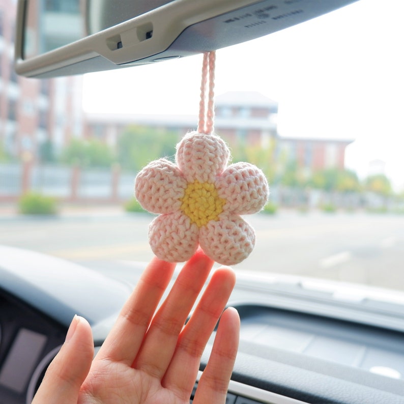 2Pcs Crochet Waffle Flower Car Mirror Hanging Charms, Handmade Interior Car Accessories for Women/Teens
