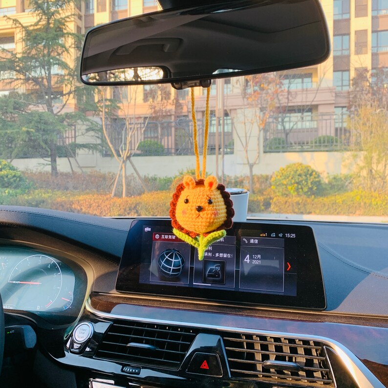 Cute animal Car Mirror Hanging Interior Rear View Mirror Flower Lion, sheep, chicken Car Accessories Crochet Toy for Women