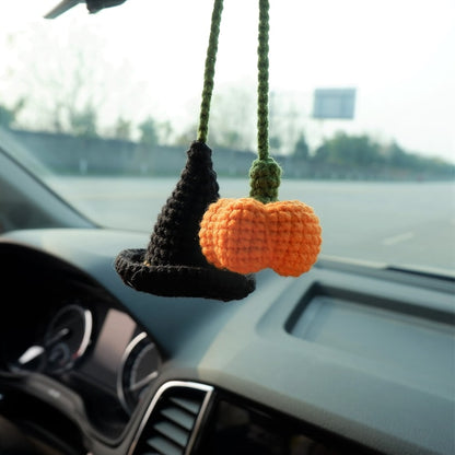 Crochet Pumpkin & Witch Hat Car Mirror Hanging, Witchy Car Rearview Mirror Charm, Halloween Car Interior Accessories