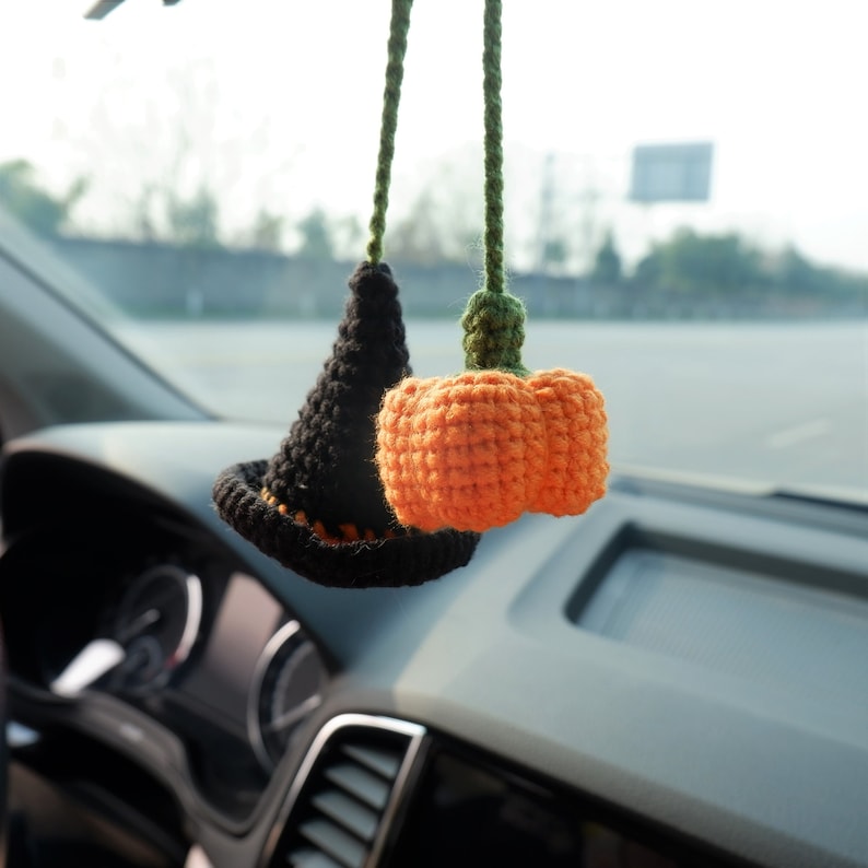Crochet Pumpkin & Witch Hat Car Mirror Hanging, Witchy Car Rearview Mirror Charm, Halloween Car Interior Accessories