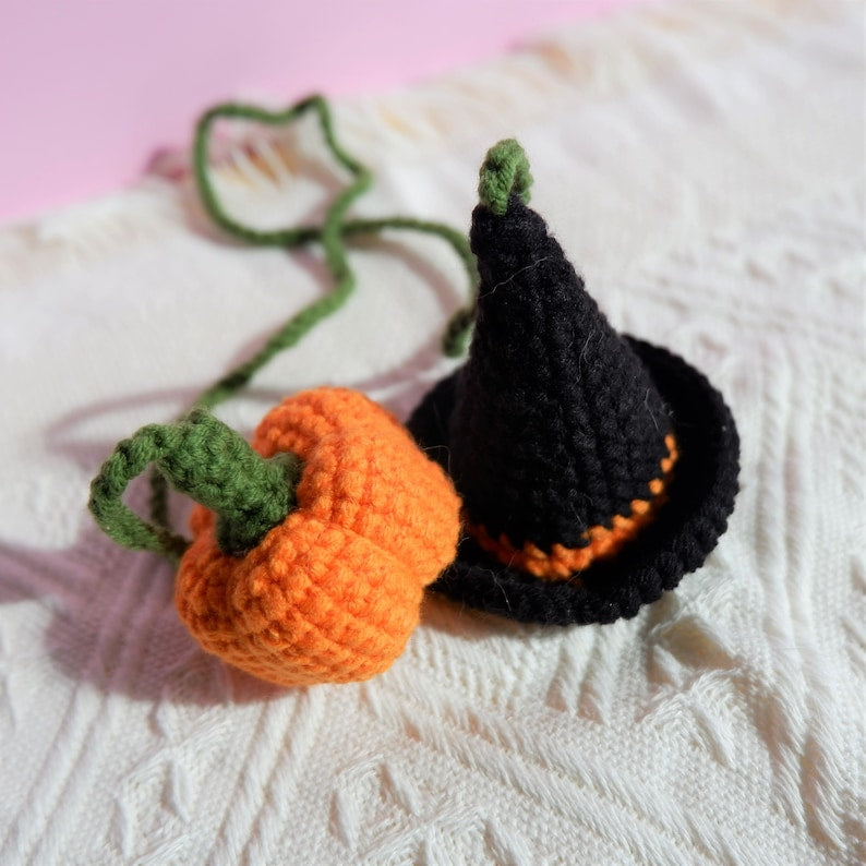 Crochet Pumpkin & Witch Hat Car Mirror Hanging, Witchy Car Rearview Mirror Charm, Halloween Car Interior Accessories
