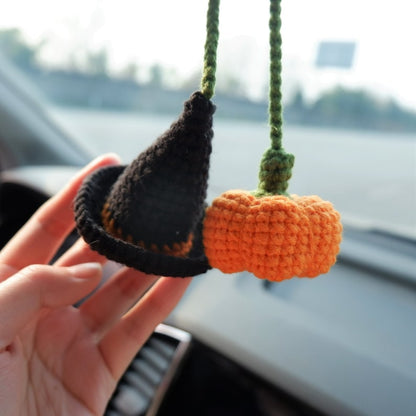 Crochet Pumpkin & Witch Hat Car Mirror Hanging, Witchy Car Rearview Mirror Charm, Halloween Car Interior Accessories