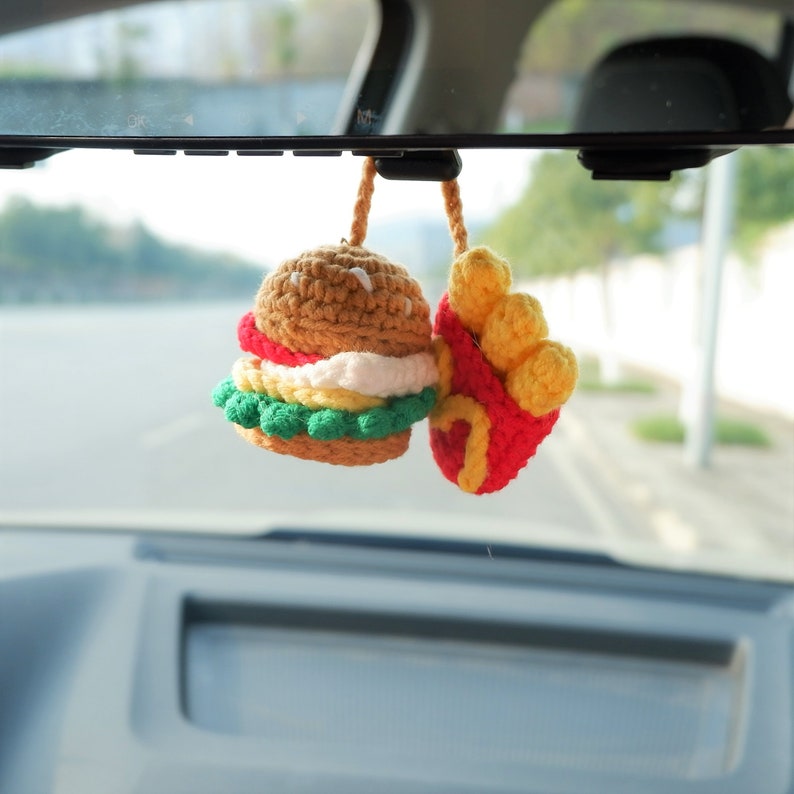 Hamburger & Chips Car Mirror Hanging Accessory, Rear View Mirror Accessory, Rearview Mirror Ornament, Cute Car Accessories for Women/Teens
