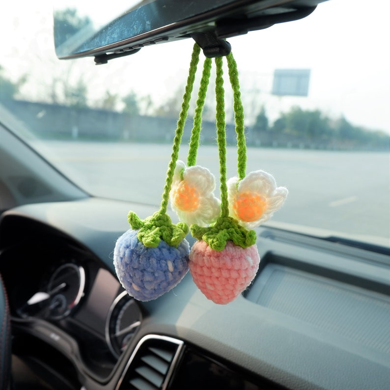 2 Pcs Crochet Strawberry Car Mirror Hanging Accessories: Chenille Rearview Mirror Car Accessories, Car Charm, Car Interior Decor