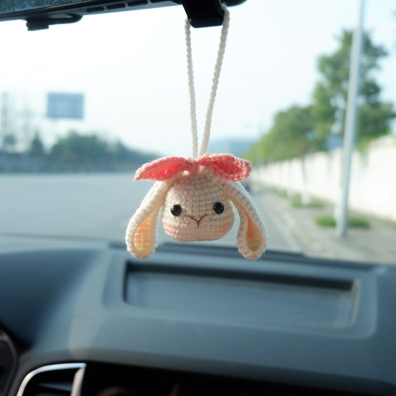 Crochet Bunny Car Accessories: Kawaii Lop Rear Rabbit Rear View Mirror Hanging, Easter Decor, Cute Car Ornament