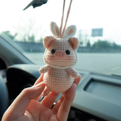 Crochet Pig Car Mirror Hanging Accessories, Piggy with Bunny Ears Rear View Mirror Accessory, Cute Car Interior Accessory for Women/Teens