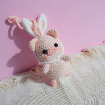 Crochet Pig Car Mirror Hanging Accessories, Piggy with Bunny Ears Rear View Mirror Accessory, Cute Car Interior Accessory for Women/Teens