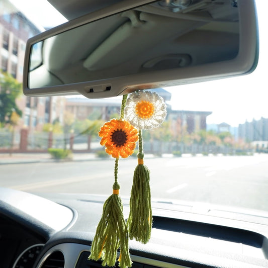 2Pcs Crochet Sunflower Daisy Car Charm: Boho Rear View Mirror Accessory