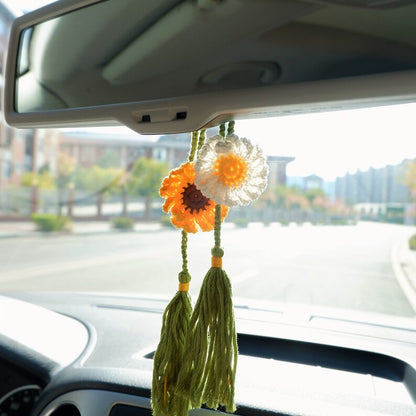 2Pcs Crochet Sunflower Daisy Car Charm: Boho Rear View Mirror Accessory