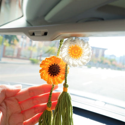 2Pcs Crochet Sunflower Daisy Car Charm: Boho Rear View Mirror Accessory