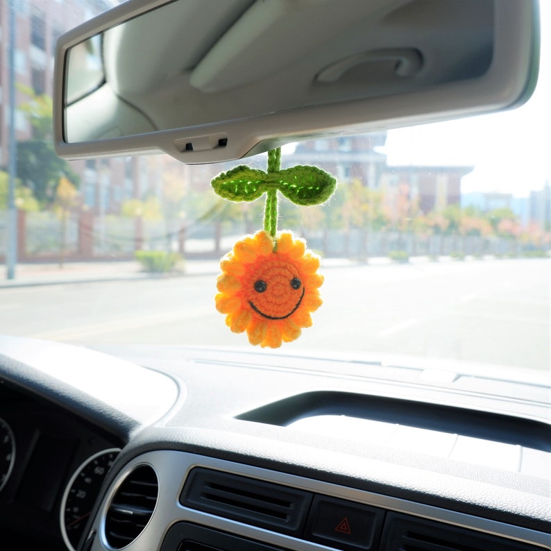Smiley Crochet Sunflower Rear View Mirror Charm, Car Mirror Hanging Ornament, Cute Boho Car Decor, Women/Teen Driver Gift