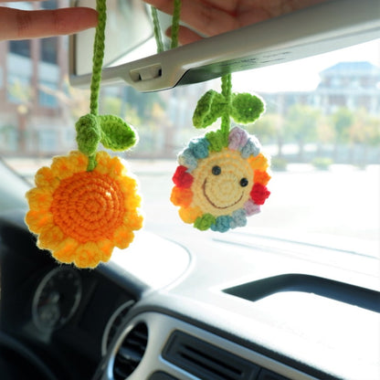 Smiley Crochet Sunflower Rear View Mirror Charm, Car Mirror Hanging Ornament, Cute Boho Car Decor, Women/Teen Driver Gift