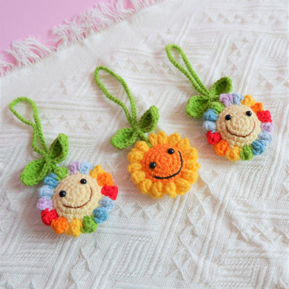 Smiley Crochet Sunflower Rear View Mirror Charm, Car Mirror Hanging Ornament, Cute Boho Car Decor, Women/Teen Driver Gift