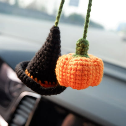Crochet Pumpkin & Witch Hat Car Mirror Hanging, Witchy Car Rearview Mirror Charm, Halloween Car Interior Accessories